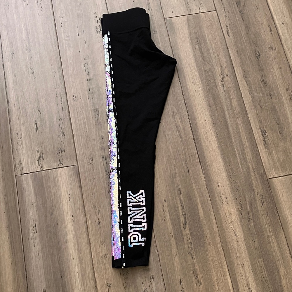 PINK Victoria's Secret Logo Blue Silver Sequin Black Yoga Leggings S